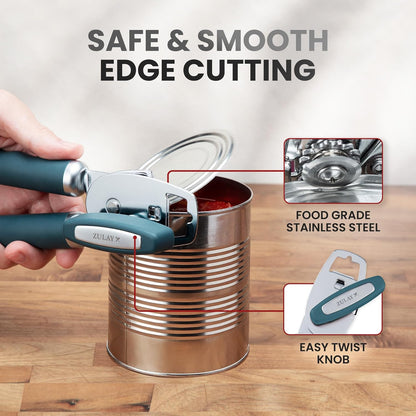 Zulay Kitchen Heavy Duty Stainless Steel Can Opener Manual with Bottle Opener - Rust Proof Manual Can Opener With Turn Knob & Comfy Soft Grip Handles - Black