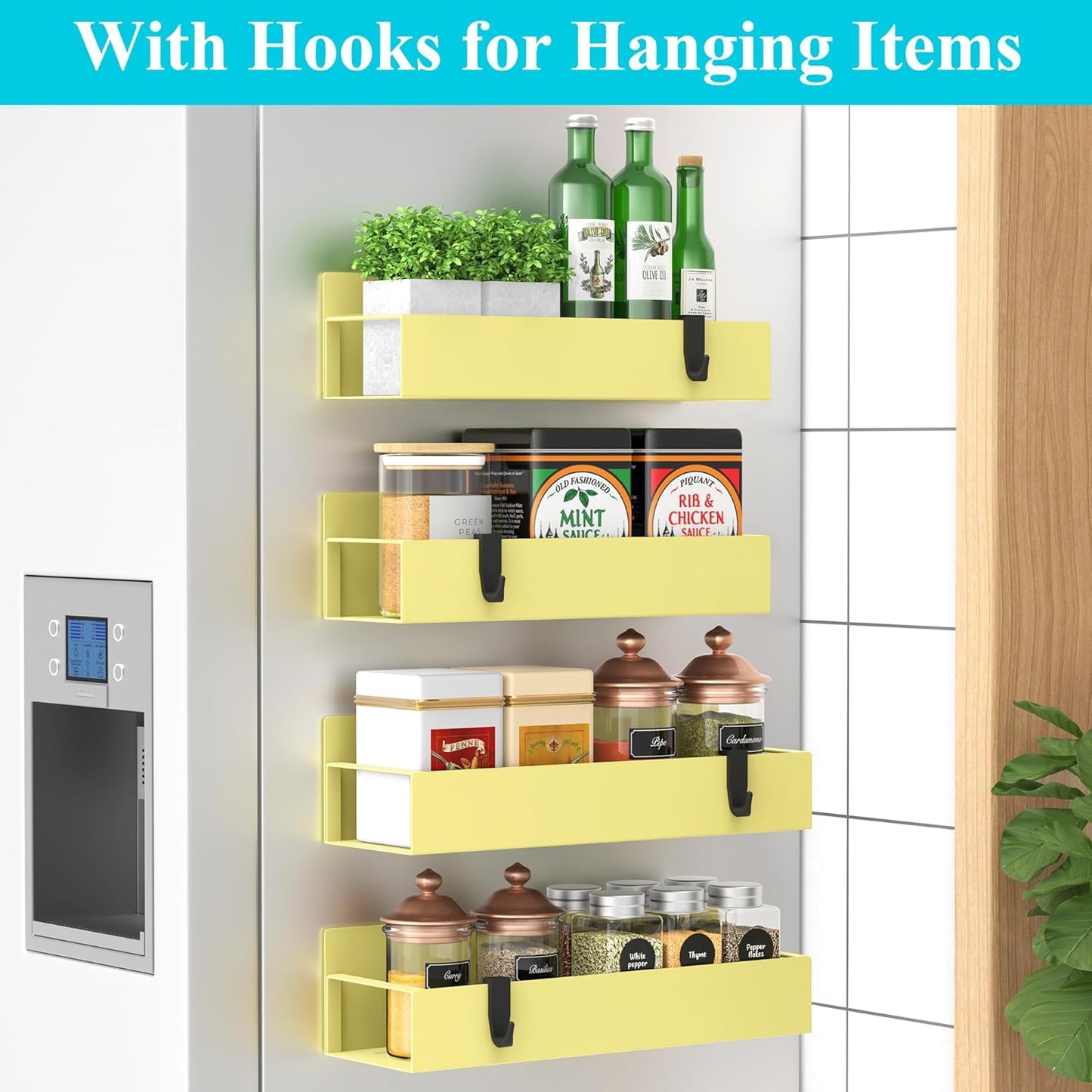 HuggieGems Metal 4 Pack Magnetic Spice Storage Rack Organizer for Refrigerator and Oven, Black Fridge Organizers and Storage, Metal