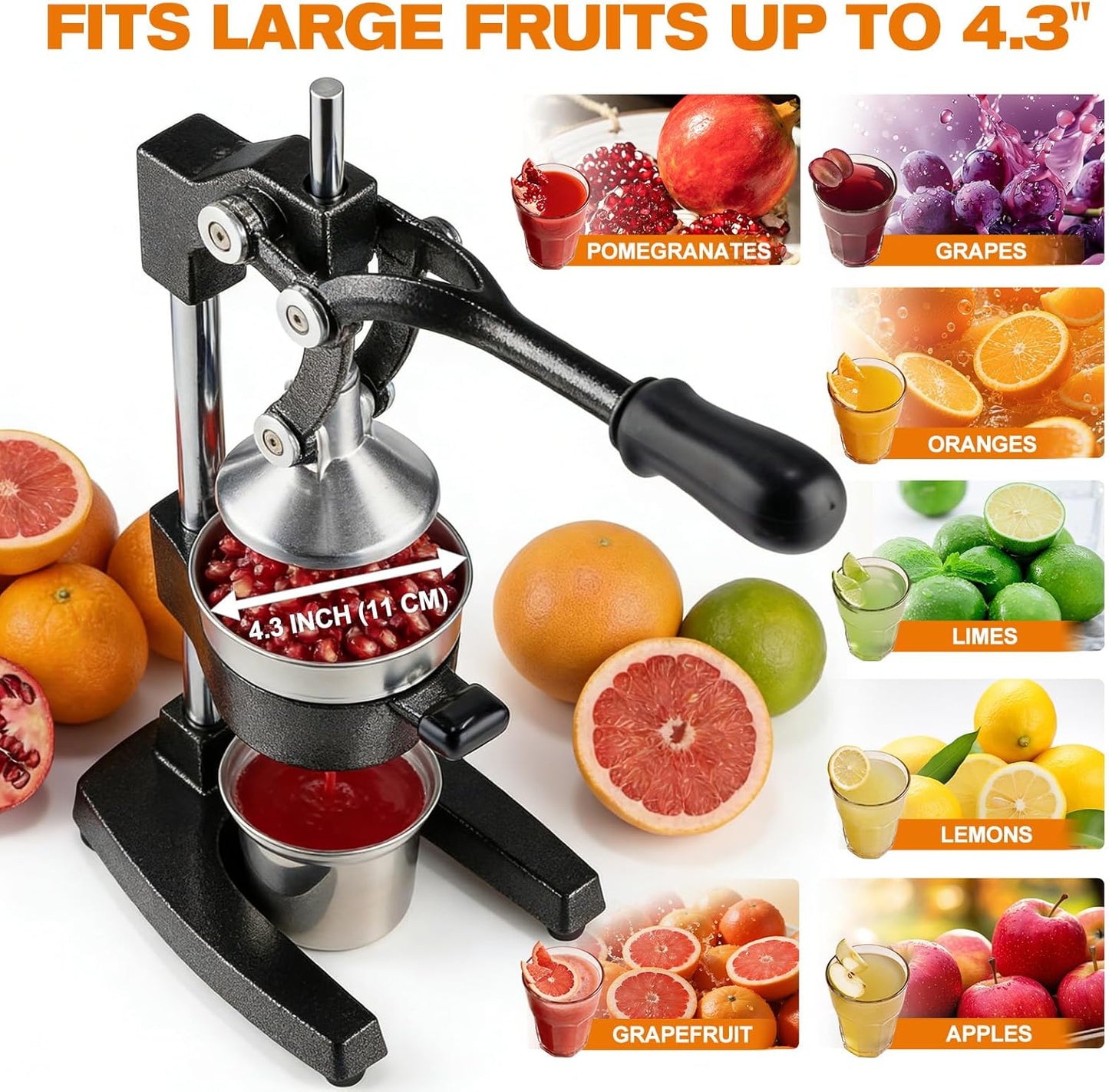 Cast Iron Citrus Juicer - 13.8LB Heavy Duty Manual Orange Press, 304 Stainless Steel Cup & Strainer, Professional Lemon Grapefruit Pomegranate Squeezer for Home Bar Kitchen, Orange