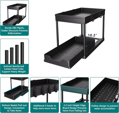 DEKAVA Under Sink Organizer 2 Pack, Bathroom Cabinet Organizer, 2 Tier Sliding Cabinet Basket Organizer Drawer, Multi-Purpose Bath Collection Baskets for Bathroom (Black)