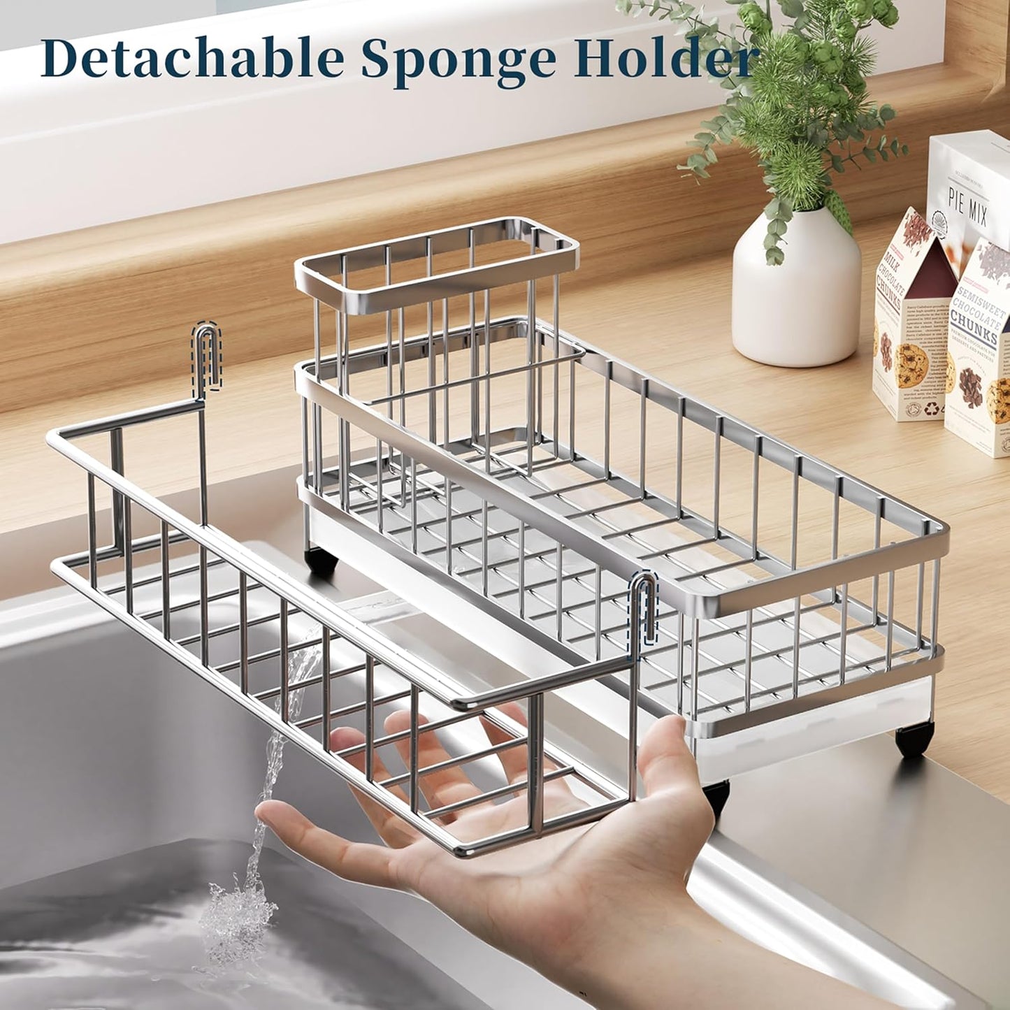 Consumest Sponge Holder for Kitchen Sink - Auto Draining Sink Caddy Organizer with Detachable Rack, High Brush Holder, Kitchen Countertop Storage Accessories, Black
