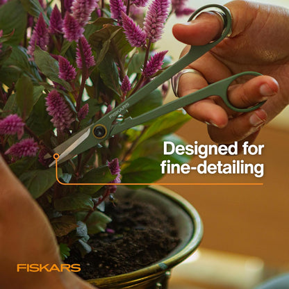 Fiskars Plant Shaping Shears & Holder, Precision Indoor Gardening Snips with Storage Caddy, Forged Stainless Steel Blades for Clean Cuts on Broad Leaves, Ambidextrous Handles & Stem Stripper, 6"