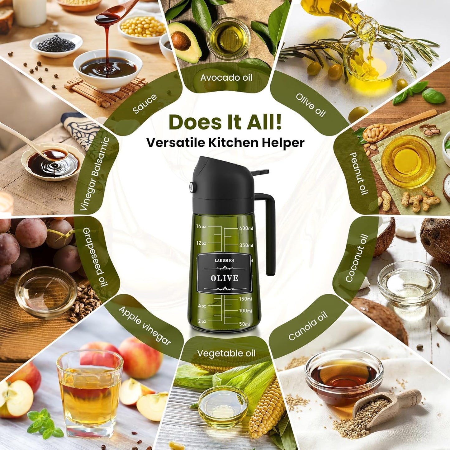 LAKUMIQI 2-in-1 Olive Oil Sprayer for Air Fryer – 16oz Glass Oil Dispenser & Cooking Oil Mister – Spray & Pour Bottle, Non-Aerosol, Leak-Resistant, for Salad, BBQ, Kitchen
