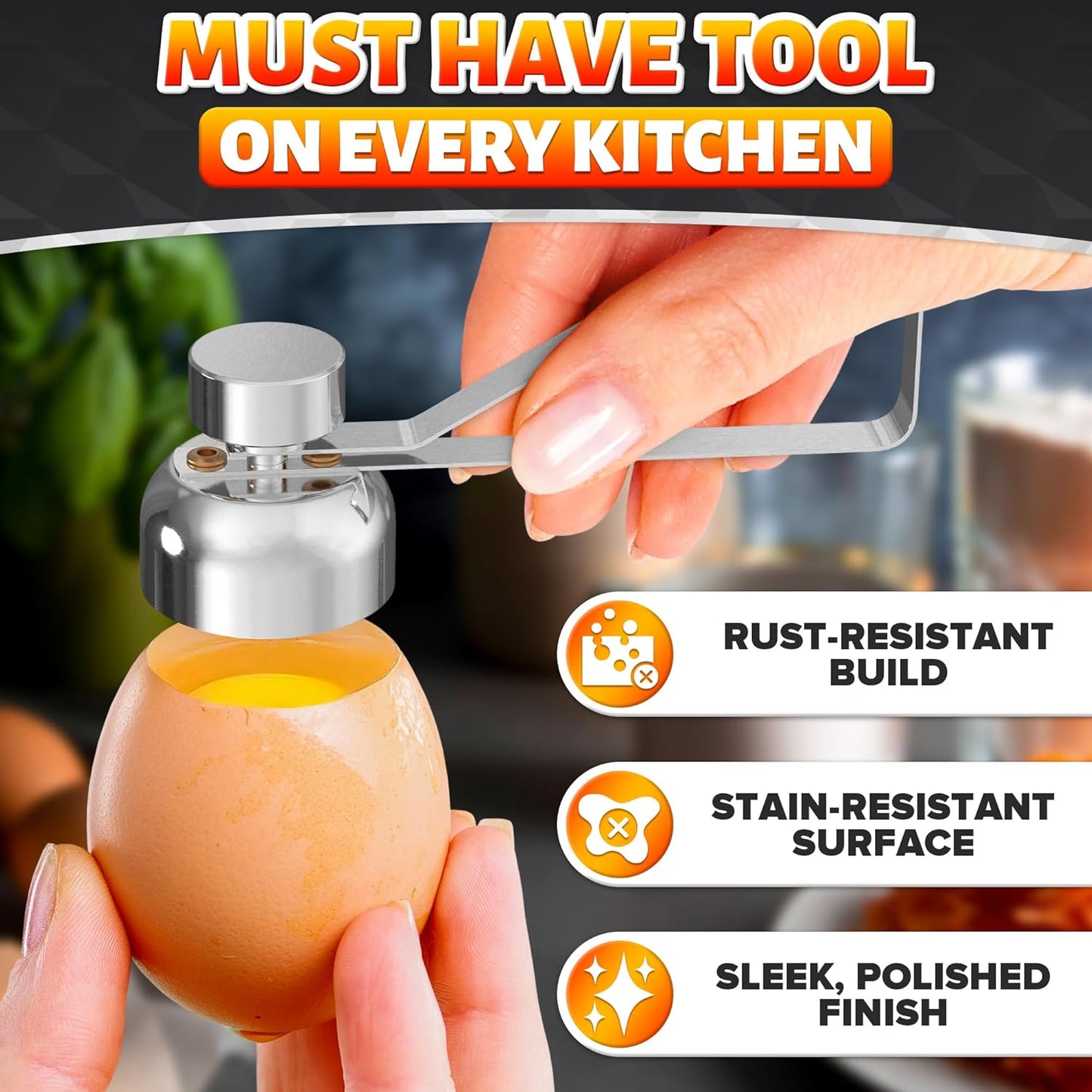 Egg Cracker Tool for Raw Eggs — Egg Shell Opener for Soft-Boiled Shell Tops, Stainless Steel Topper with Ergonomic Adjustable Effort — Clean Cut Design for Breakfast Prep, Custards, & Baking (Silver)