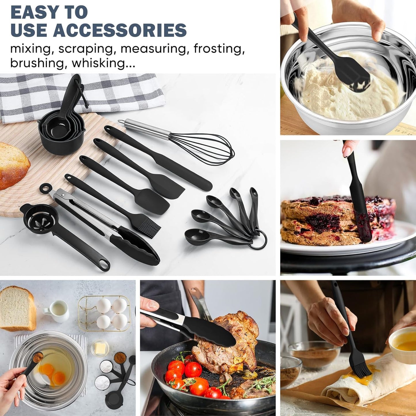 E-far 25PCS Mixing Bowls with Lid Set, Stainless Steel Nesting Prep Bowls with Grater Attachments Non-Slip Bottoms for Cooking, Baking, Serving, Food Storage, 4.6/2.6/2/1.5/1/0.7QT - Blue