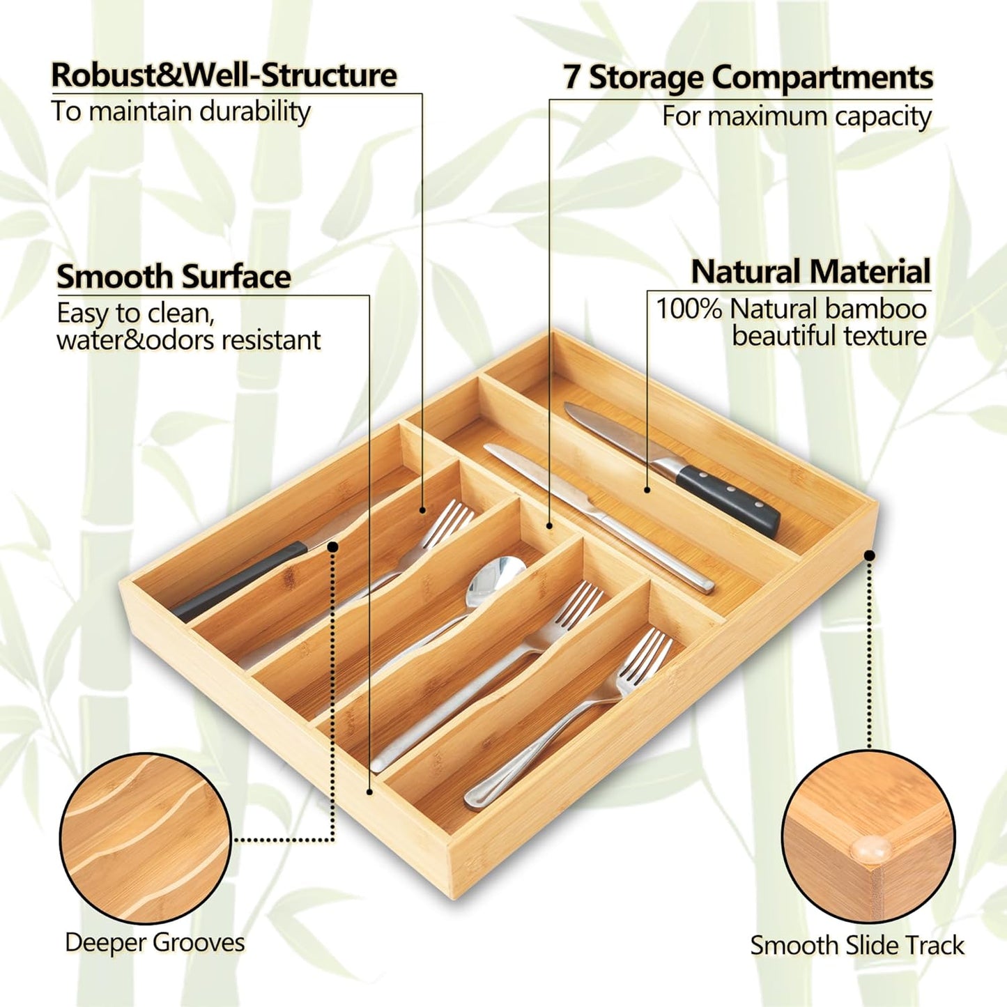 Silverware Organizer, 10 Inch Utensil Organizer Kitchen Drawer Organizer Bamboo Silverware Holder Cutlery Tray Organizer in Drawer Flatware Organizer Tray(5 slots, Natural