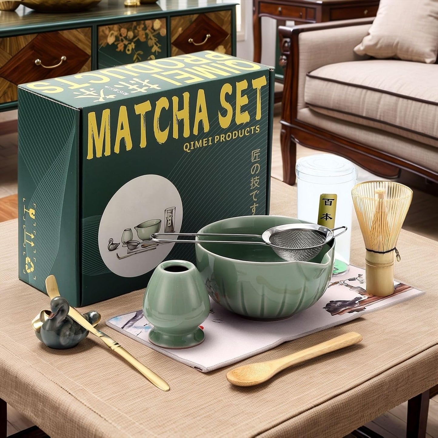 Matcha Ceremony Accessory,temmoku glaze Matcha Whisk, Traditional Scoop (Chashaku), Tea Spoon, Whisk Holder, 1 tea bowl, 1 tea siev, The Perfect Set to Prepare a Traditional Cup of Matcha. (Green)