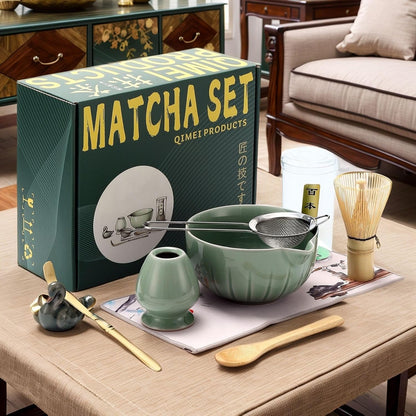 Matcha Ceremony Accessory,temmoku glaze Matcha Whisk, Traditional Scoop (Chashaku), Tea Spoon, Whisk Holder, 1 tea bowl, 1 tea siev, The Perfect Set to Prepare a Traditional Cup of Matcha. (Green)