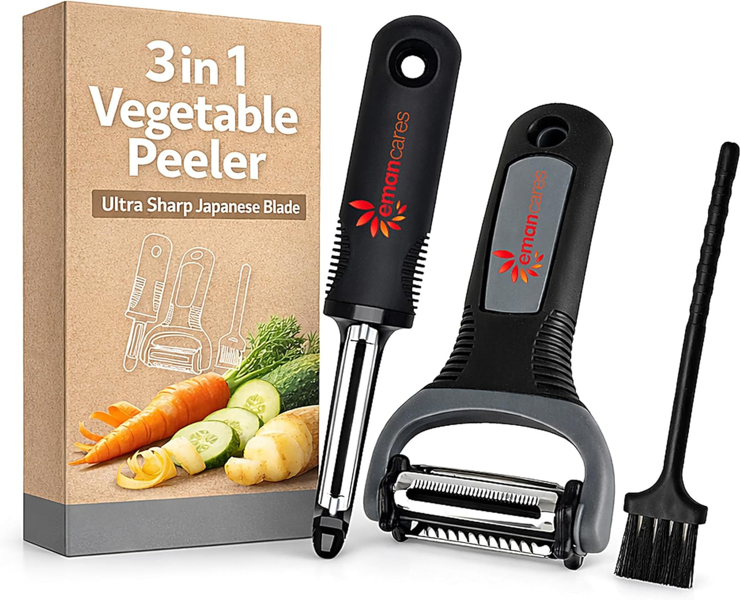 Fruits & Vegetables Peeler Set – Y Peeler Ultra-Sharp Stainless Steel Swivel Standard, Serrated, & Julienne Blades