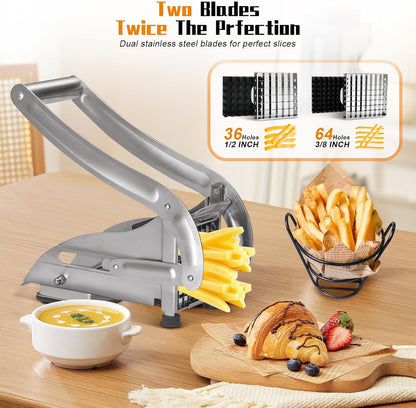 French Fry Cutter, Stainless Steel Potato Cutter Slicer with 1/2 & 3/8 Inch Blades, Non-Slip Suction Base, Manual Vegetable Cutter for Potato, Carrot, Cucumber