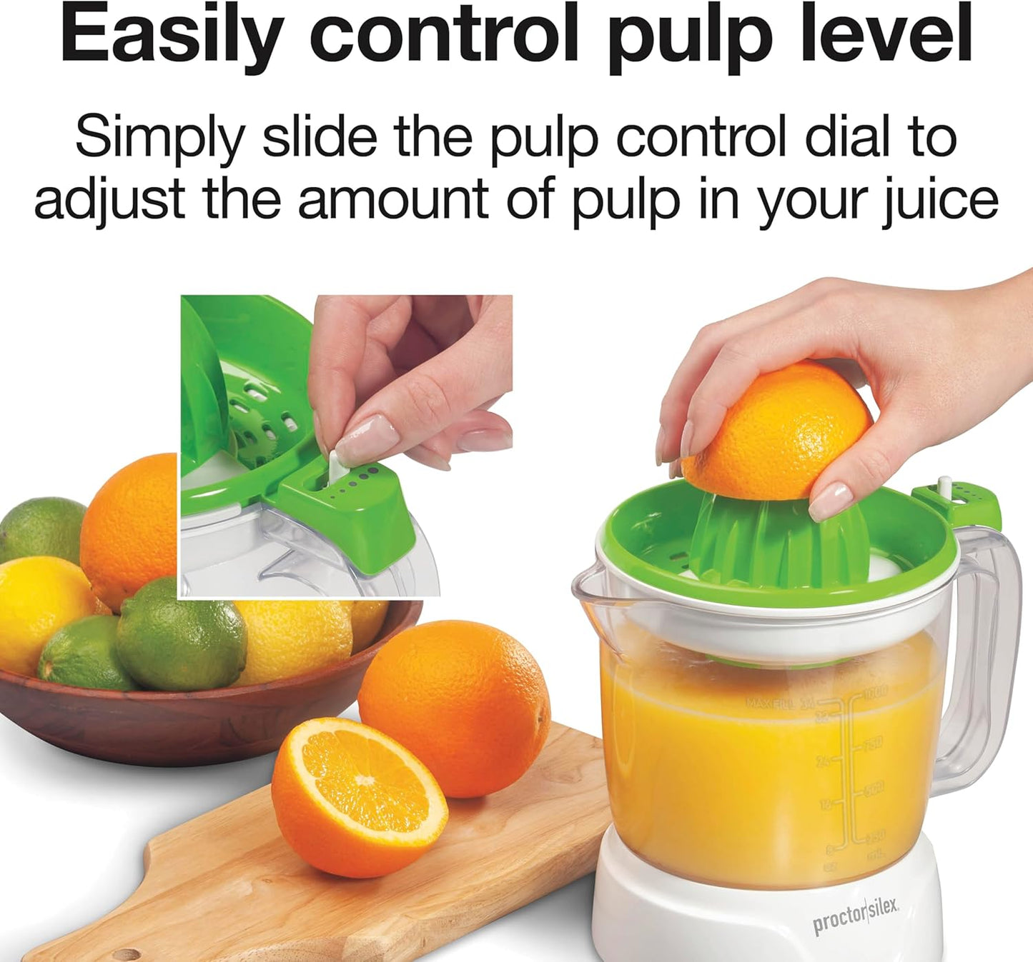 Proctor Silex Electric Citrus Juicer Machine, Large 34 oz. Pitcher, Pressure Activated, 2 Reamers for Big and Small Fruit, Pulp Control, for Orange, Lemon, Grapefruit Juice, White & Green (66340)