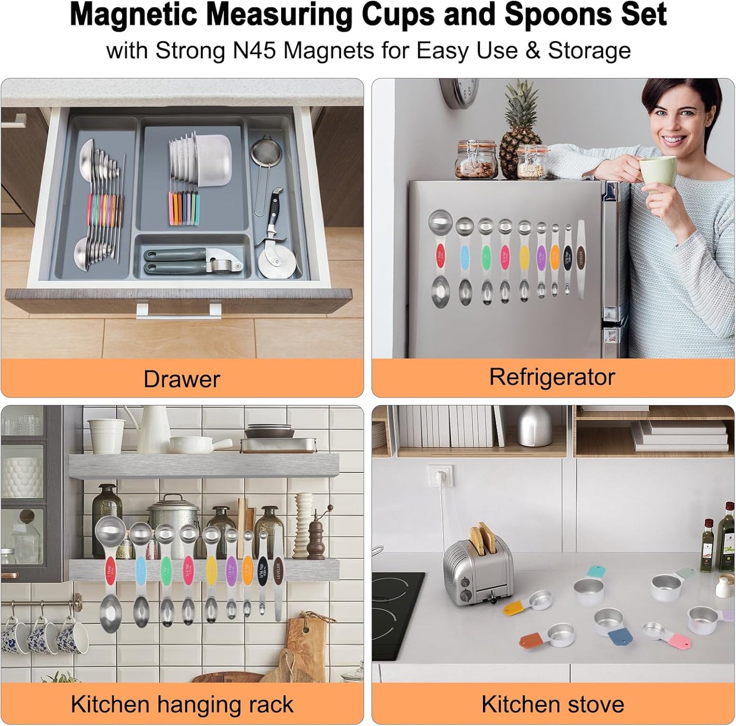 Magnetic Measuring Cups and Spoons Set, 17 Pcs Stainless Steel Measuring Cups and Spoons set for Measure Dry Liquid Ingredients with 7 Measuring Cup 8 Metal Spoon 1 Leveler 1 Funnel Colored