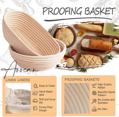 Aoocan Sourdough Starter Kit for Beginners, Bread Baking Supplies & Bread Making Tools – 9 Inch Round & 10 Inch Oval Banneton Bread Proofing Basket Set with Dough Whisk, Lame, Scraper & Brush