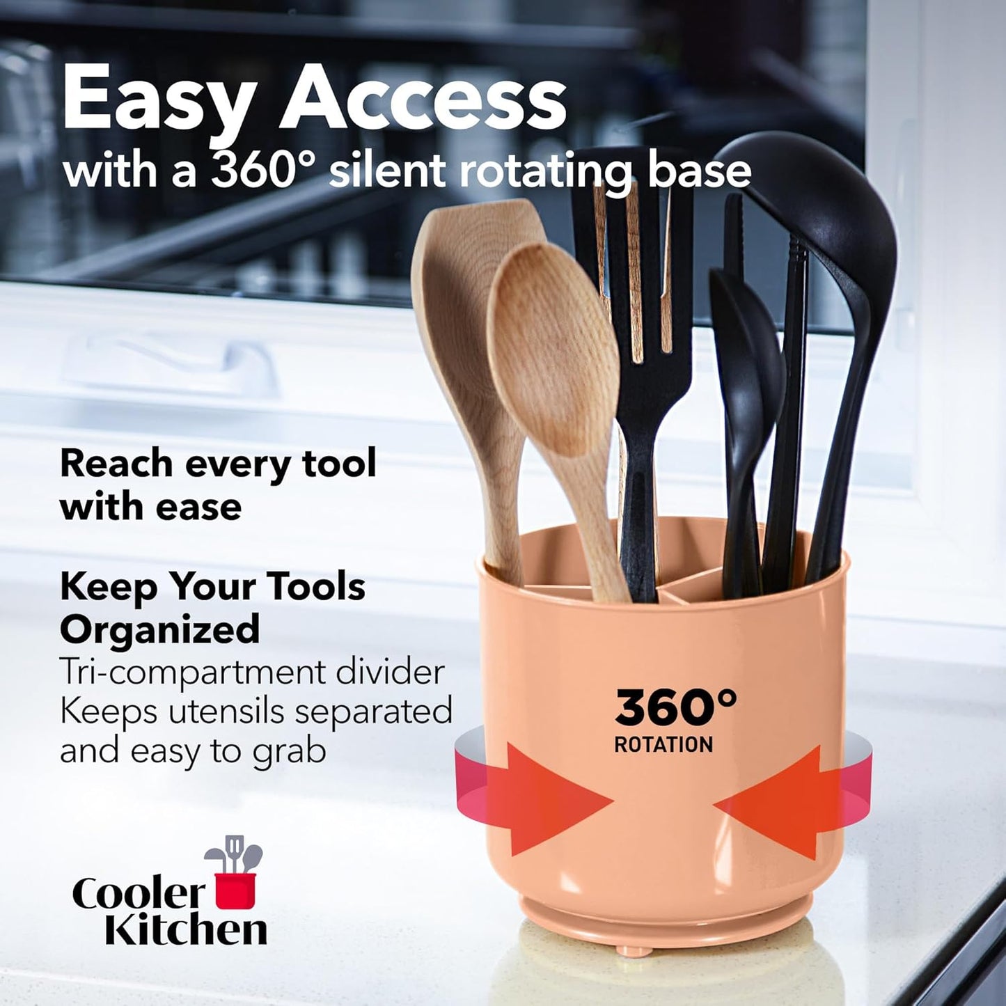 Cooler Kitchen Jumbo Extra Large Sturdy Rotating Black Utensil Holder Caddy with No-Tip Weighted Base, and Gripped Insert - Rust Proof and Dishwasher Safe Kitchen Utensils Holder
