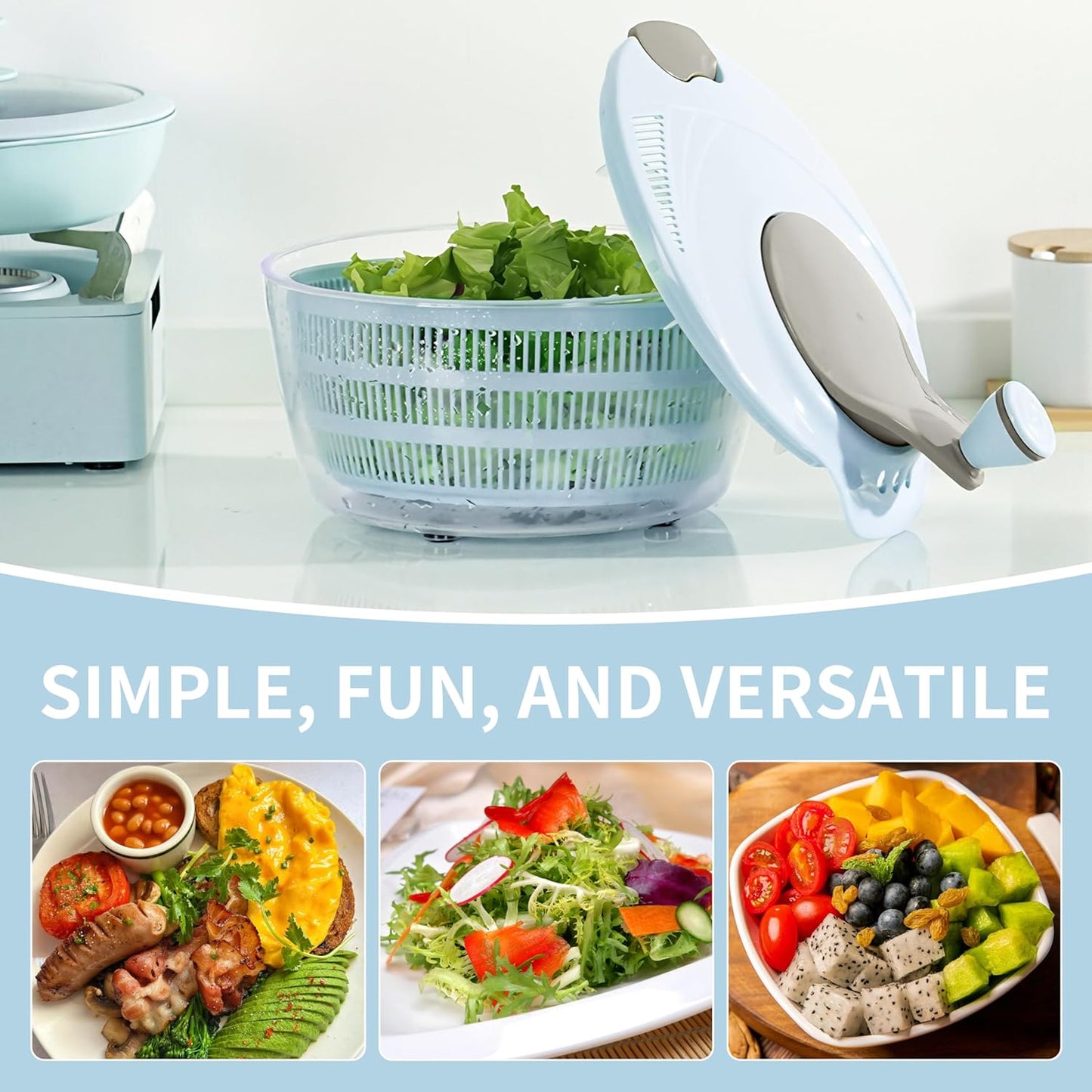 Salad Spinner, 4.24 Quart Lettuce Spinner with Double Drainage Holes, Salad Washing Bowl, Quick Prep Spinner Salad Dryer for Washing, Spinning, and Draining Greens, Fruits, and Vegetables - Blue