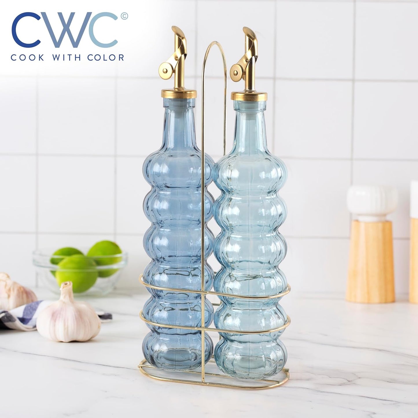 COOK WITH COLOR Glass Olive Oil Bottle Dispenser - 2 Pack- 17oz Oil and Vinegar Cruet - Olive Oil Carafe Decanter for Kitchen, Elegant Waves, Clear