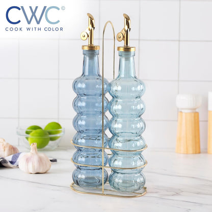 COOK WITH COLOR Glass Olive Oil Bottle Dispenser - 2 Pack- 17oz Oil and Vinegar Cruet - Olive Oil Carafe Decanter for Kitchen, Elegant Waves, Clear