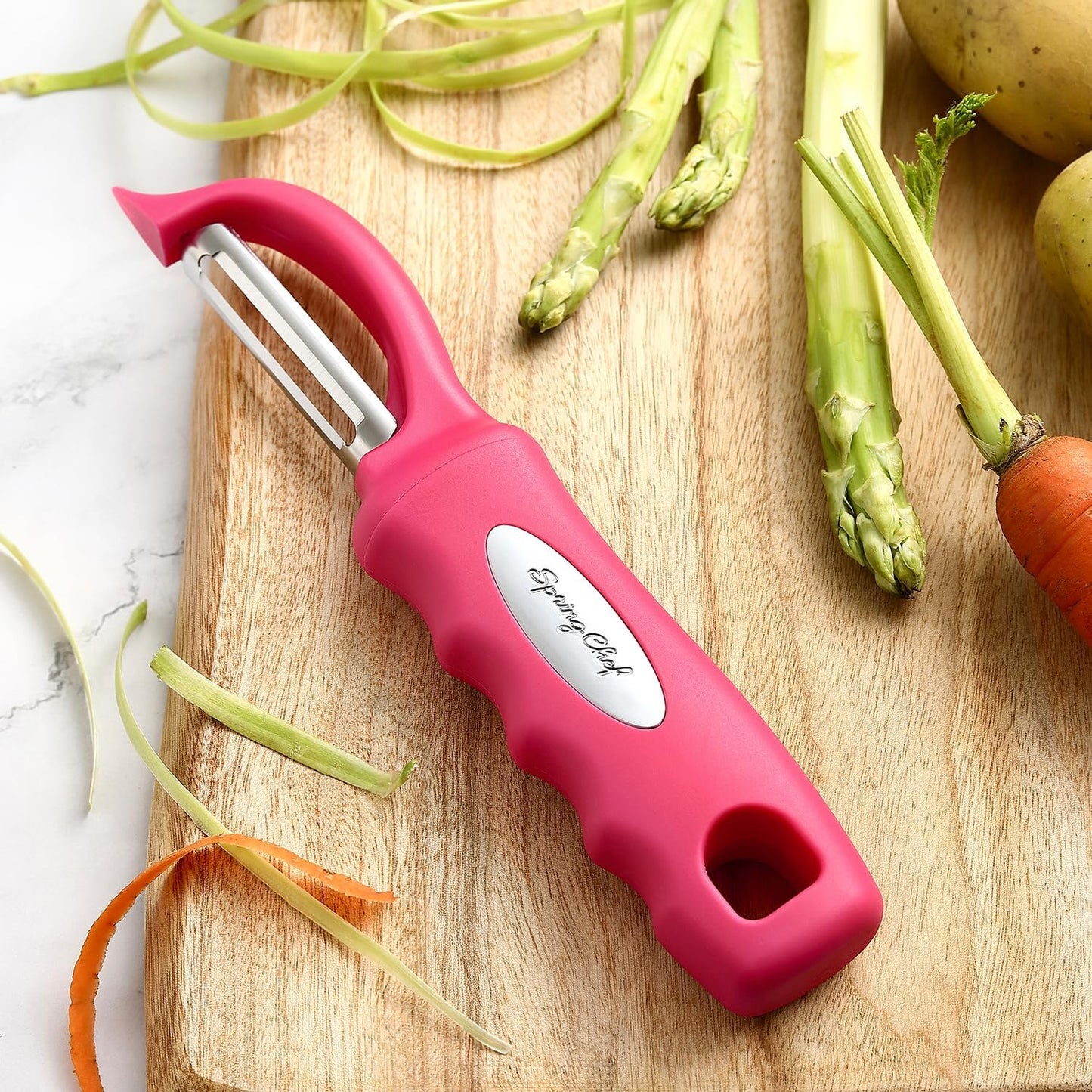 Spring Chef Premium Swivel Vegetable Peeler, Soft Grip Handle and Ultra Sharp Stainless Steel Blades - Perfect Kitchen Peeler For Veggie, Fruit, Potato, Carrot, Apple - Pink Lemonade