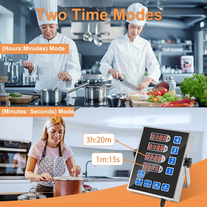 Precision Kitchen Timers for Cooking – 4 Channel Commercial Kitchen Timer Restaurant Kitchen Supplies – Stainless Steel Digital LED Chef Cooking Timer – Reminder Function, Loud Alarm, Blue