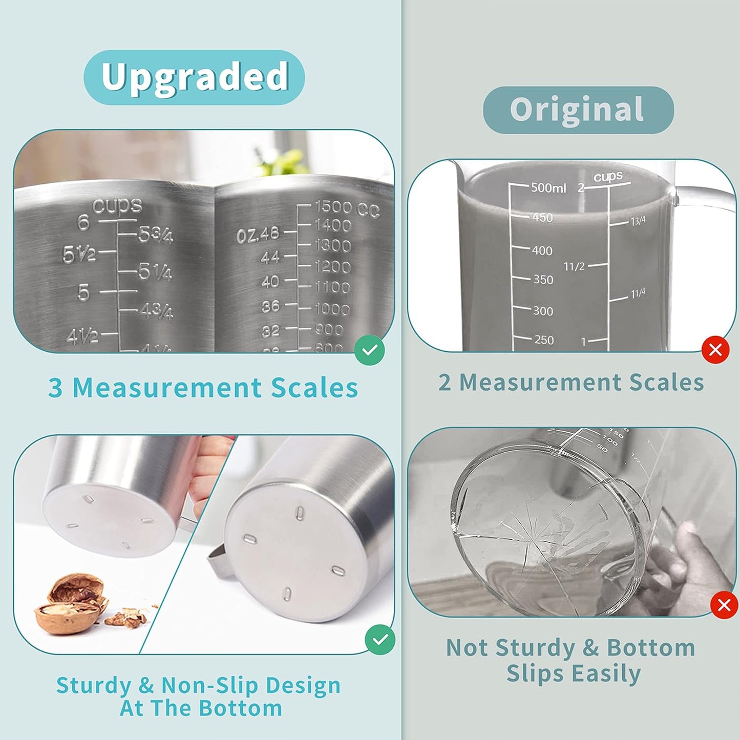 Newness Stainless Steel Measuring Cup, Metal Measuring Cup with Handle (Upgraded, 3 Marking Including Cup/ML/Ounce Scale), 16 Ounces (0.5 Liter, 2 Cup)