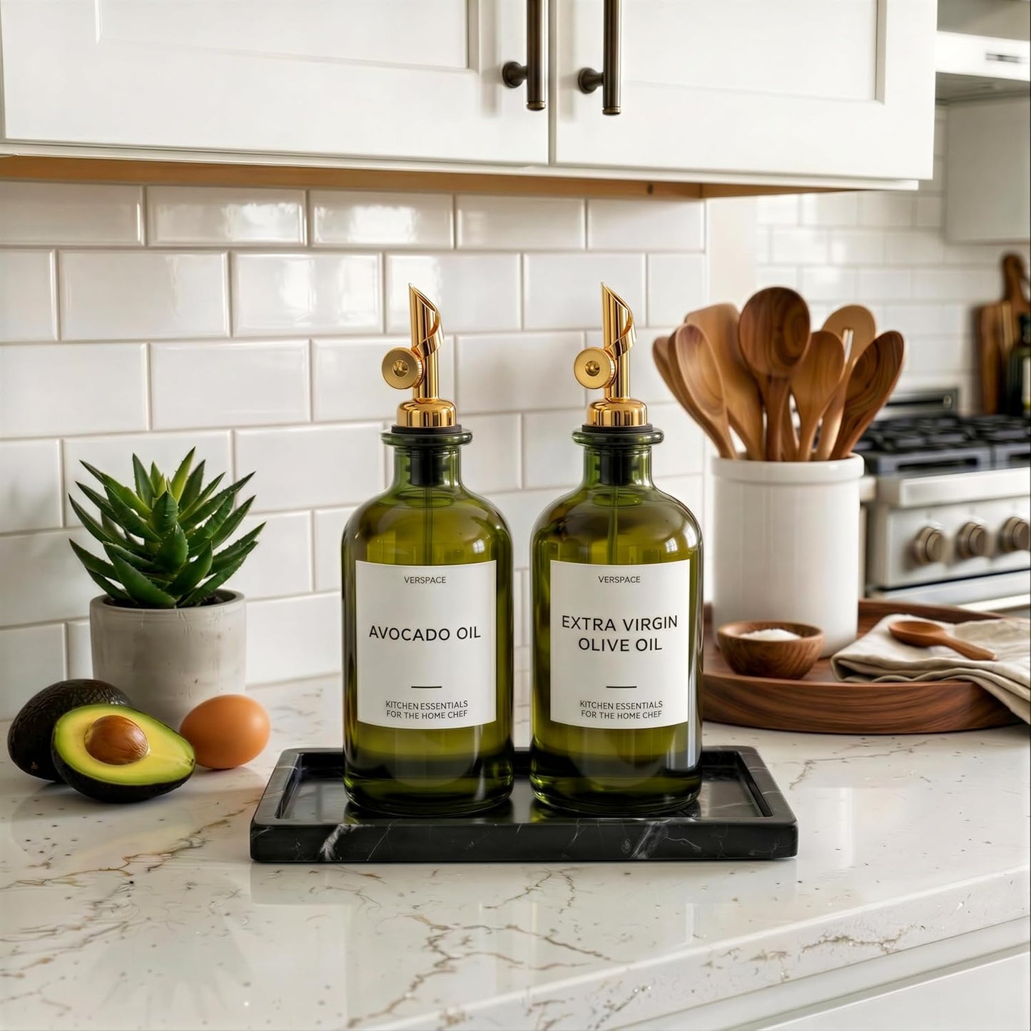 Verspace UV-Protected Green Glass Olive Oil Dispenser Bottles For Kitchen - 2 Pack - 12oz Includes 40 Kitchen Essential Labels, Avocado Oil Dispenser Set, Modern Decor for Home, Airbnb, Cafe