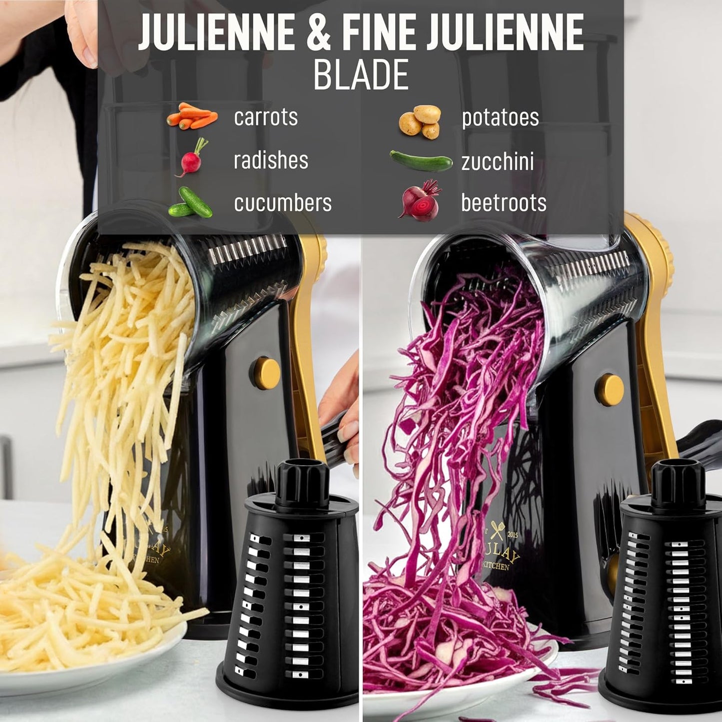 Zulay Kitchen Rotary Cheese Grater 5 Blade Cheese Shredder - Manual Hand Crank Cheese Grater With Reinforced Suction & 5 Interchangeable Drums - Easy to Use, Vegetable Chopper Round Mandoline Slicer - Colors B