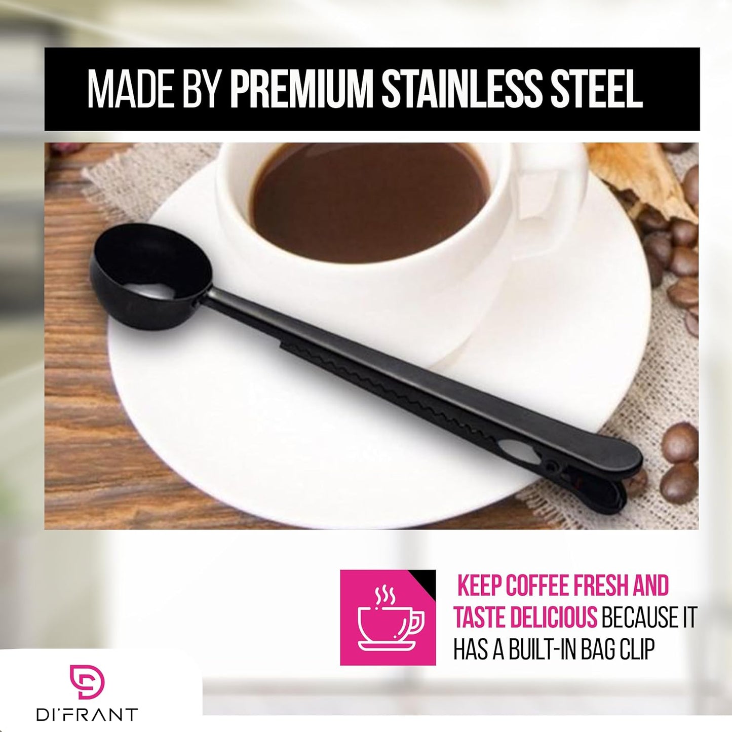 DI'FRANT® Coffee Bean Measuring Spoon with Bag Clip | Stainless Steel Coffee Scoop with Built-in Bag Sealer | Coffee Spoons | Bar Spoon (Gold)