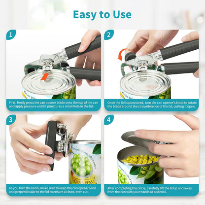 Ultrean Manual Can Opener Bottle Opener, Heavy Duty Stainless Steel Smooth Edge Manual Hand Held Can Opener With Soft Touch Handle, Rust Proof Oversized Handheld Easy Turn Knob (Black)