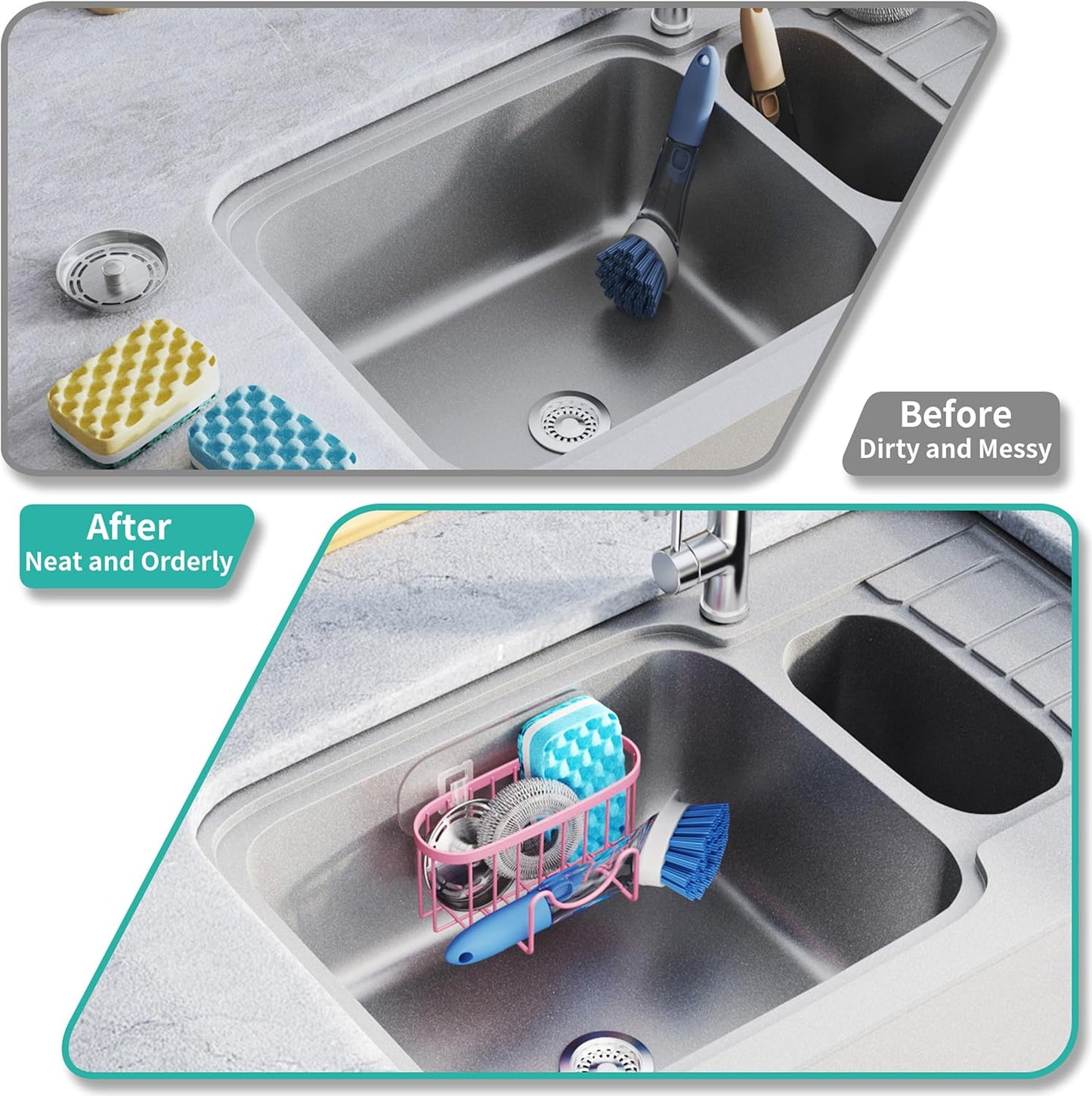 HapiRm Multifunctional Sponge Holder with Unique M-Shaped, 2 Installation Methods Kitchen Sink Caddy Organizer, Rustproof Stainless Steel Kitchen Organizers and Storage Essentials - Black