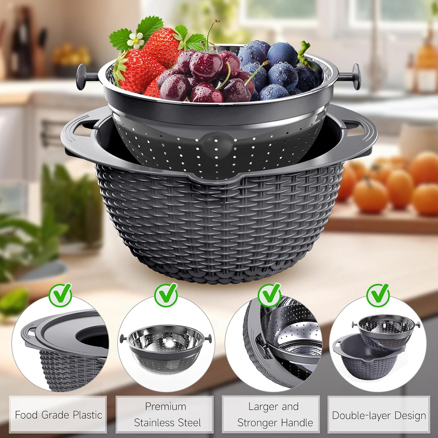 4-1 Colander with Bowl Set - Pasta Strainer - Colander for Kitchen - Strainers and Colanders Rice Strainer Fruit Cleaner Veggie Wash Sink Strainer Kitchen Essentials - Black