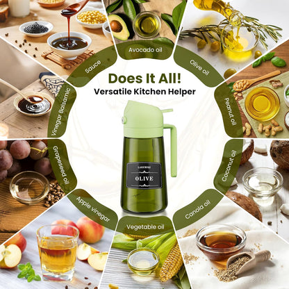 LAKUMIQI 2-in-1 Olive Oil Sprayer for Air Fryer – 16oz Glass Oil Dispenser & Cooking Oil Mister – Spray & Pour Bottle, Non-Aerosol, Leak-Resistant, for Salad, BBQ, Kitchen