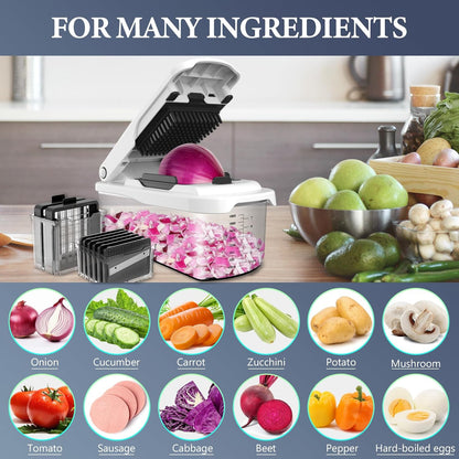 Ourokhome Veggie Chopper and Dicer with Container, Manual Hand Food Mandolin Slicer with 4 in 1 Handheld Vegetable Spiralizer for Zucchini, Potato, Onion, Essential Kitchen Gadgets (12 in 1, Gray)