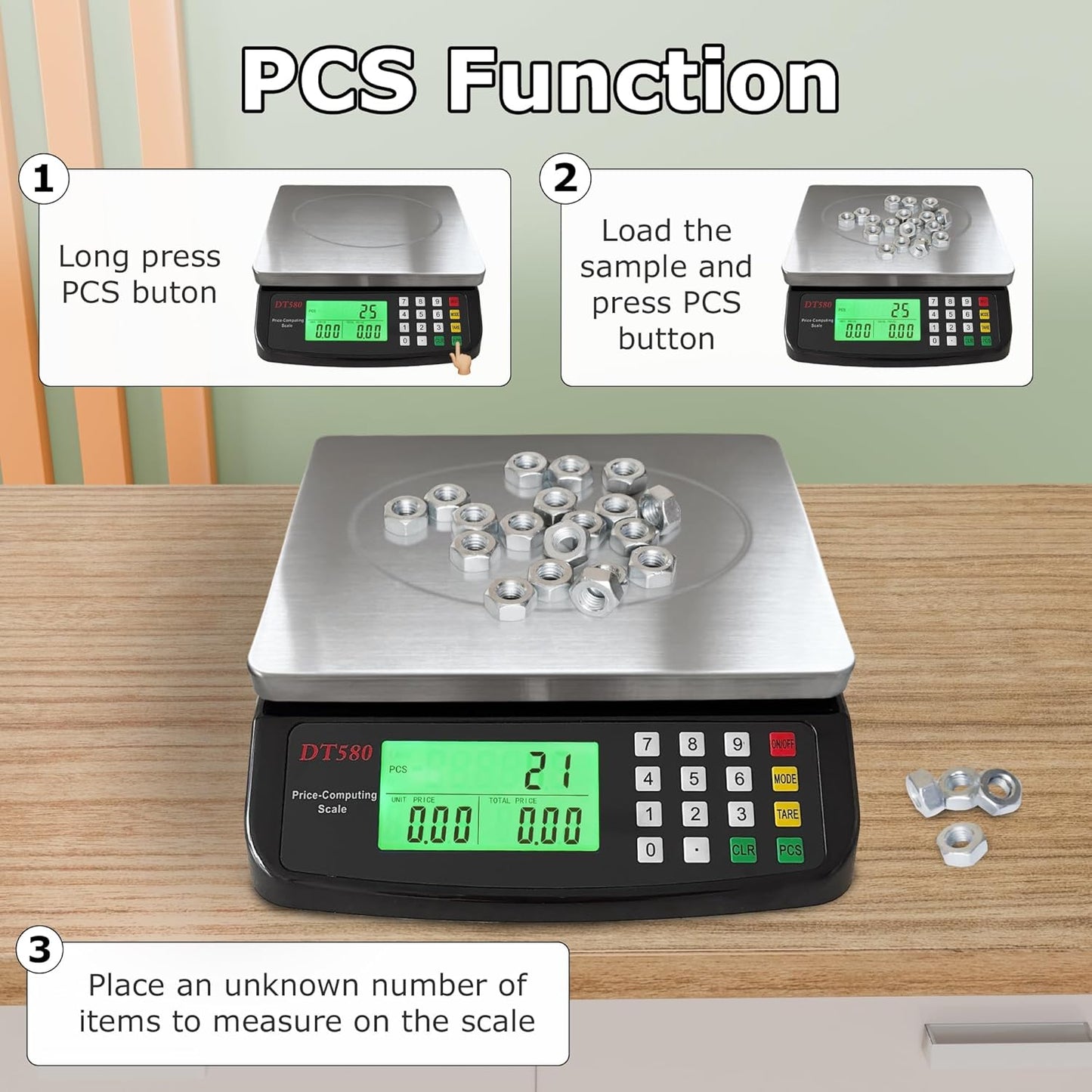 Large Digital Kitchen Scale 40kg/88lb Stainless Steel Price Computing Scale Counting Scale Deli Scale with LCD Display for Baking Bread Cooking Meat Prep Parts and Coins Adapter Included