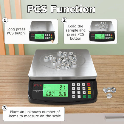 Large Digital Kitchen Scale 40kg/88lb Stainless Steel Price Computing Scale Counting Scale Deli Scale with LCD Display for Baking Bread Cooking Meat Prep Parts and Coins Adapter Included
