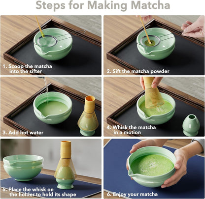 Matcha Whisk Set, Perfect Matcha Kit for Matcha Lovers Includes Ceramic Bowl, Bamboo Whisk, Holder, Scoop, Sifter & Cloth - 7 Pcs Matcha Kit