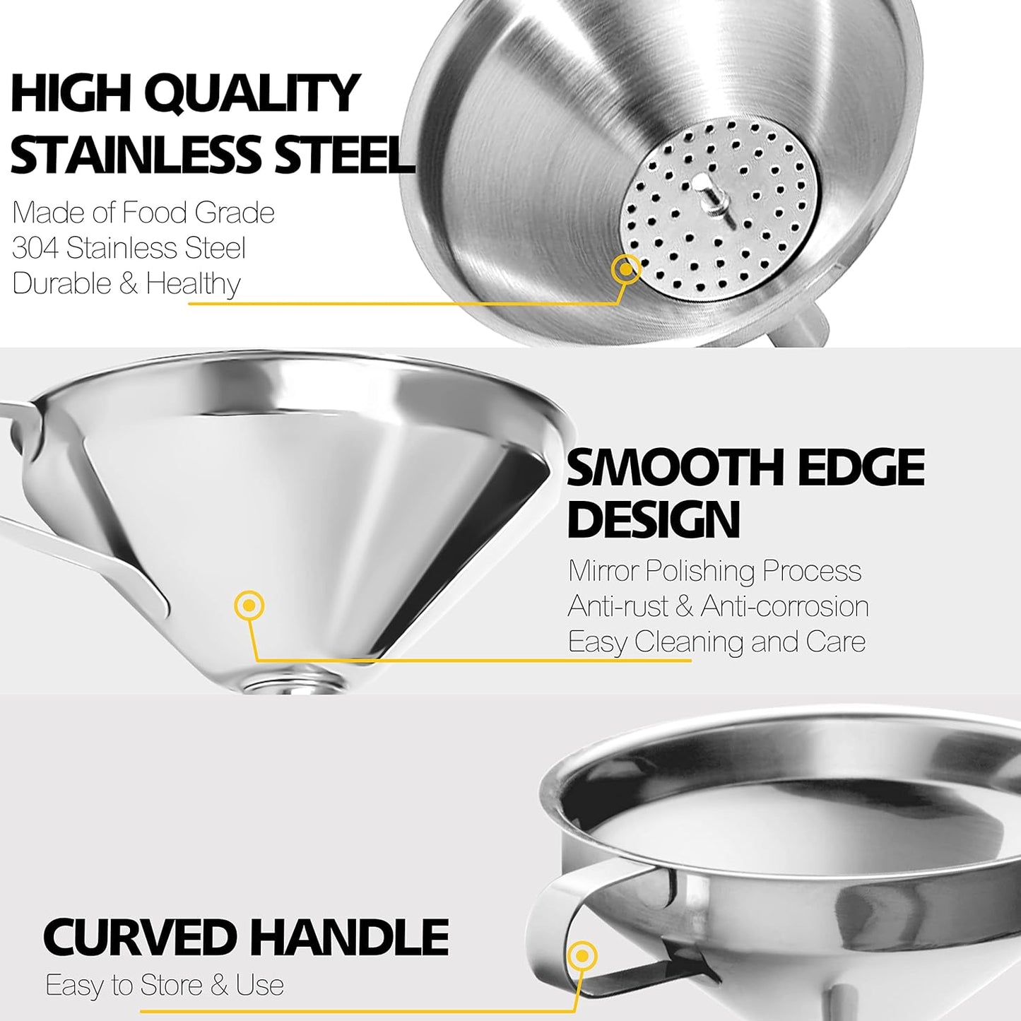 Anaeat Stainless Steel Mini Kitchen Funnel Set, 3 Pack Durable Metal Filling Funnels for Transferring Liquid, Dry ingredients, Cosmetic Lotion, Fluid, Spices, Powder - Food-Grade & High Heat Resistant