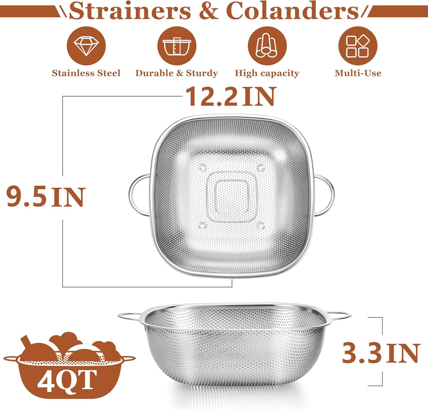 E-far 3 Pack Colander for Kitchen, Square Stainless Steel Metal Strainer Colander with Handle for Draining Food Pasta Vegetable, Micro-Perforated & Elevated Feet, Dishwasher Safe(2.4/4/6QT)