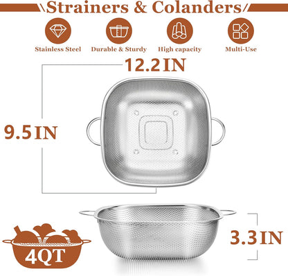 E-far 3 Pack Colander for Kitchen, Square Stainless Steel Metal Strainer Colander with Handle for Draining Food Pasta Vegetable, Micro-Perforated & Elevated Feet, Dishwasher Safe(2.4/4/6QT)