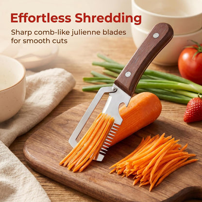 3 in 1 Vegetable Peeler, Stainless Steel Julienne Peeler with Solid Wood Handle, Multi‑Functional Fruit Potato Carrot Cucumber Slicer Shredder, Food‑Grade Kitchen Peeling Tool for Home Cooking