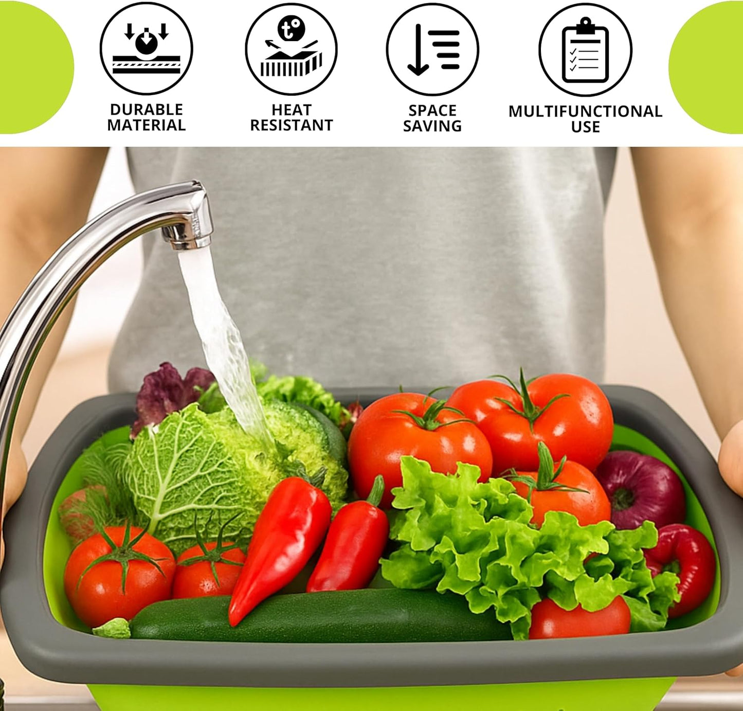 Green Kitchen Strainer Colander Set - 2 PCS Multifunctional Colander Silicone Food Strainers for Kitchen for Pasta and Spaghetti Collapsible with Plastic Handles