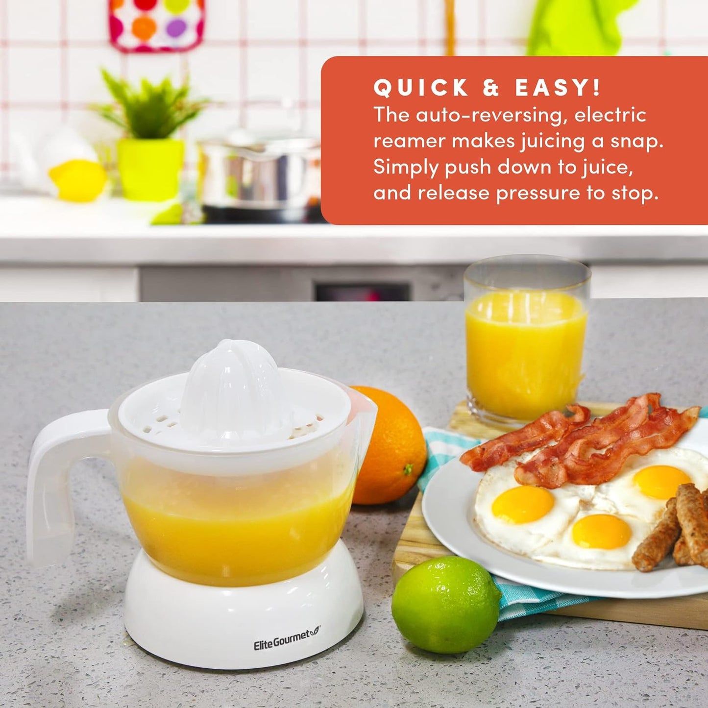 Elite Gourmet ETS-411 BPA-Free 30-Watt Electric Citrus Juicer Extractor: Compact Large Volume Pulp Control Oranges, Lemons, Limes, Grapefruits with Easy Pour Spout, 16 oz, White