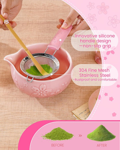 Matcha Whisk Set, 6pcs Matcha Kit Set Includes Matcha Bowl, Innovative Bamboo Whisk & Scoop with Cute Charm, Chasen Holder, 304 Sifter & Tea Mat for Japanese Tea Ceremony, Jade Green