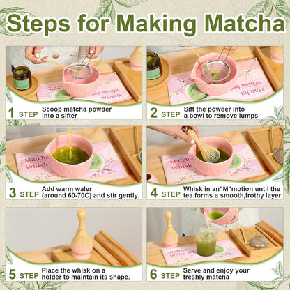 6pcs Matcha Whisk Set Includes Resin Matcha Whisk,Ceramic Matcha Bowl Set and Sifter,Matcha Whisks Holder,Natural Bamboo Spoon and Tea Towel for Matcha Starter Kit Lovers (Mottled Green)