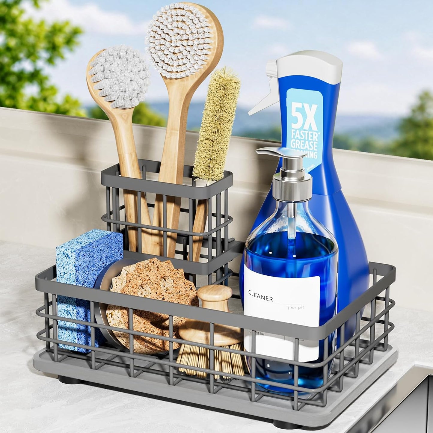 Extra Large Kitchen Sink Caddy Organizer, Stainless Steel Sponge Holder for Kitchen Sink with Brush Holder, Diatomite Stone Sink Tray for Soap Dispenser, Sponge, Bathroom Countertop Organizer, Black