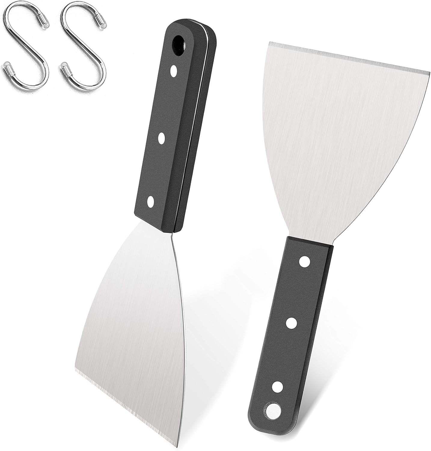 Grill Griddle Scraper Set of 2, Leonyo Stainless Steel Versatile Metal flat Top Grill Scraper for Dough Pancake Pizza Teppanyaki BBQ Home Baking Cooking, Slant Edge & Dishwasher Safe