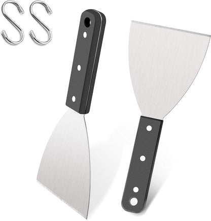 Grill Griddle Scraper Set of 2, Leonyo Stainless Steel Versatile Metal flat Top Grill Scraper for Dough Pancake Pizza Teppanyaki BBQ Home Baking Cooking, Slant Edge & Dishwasher Safe