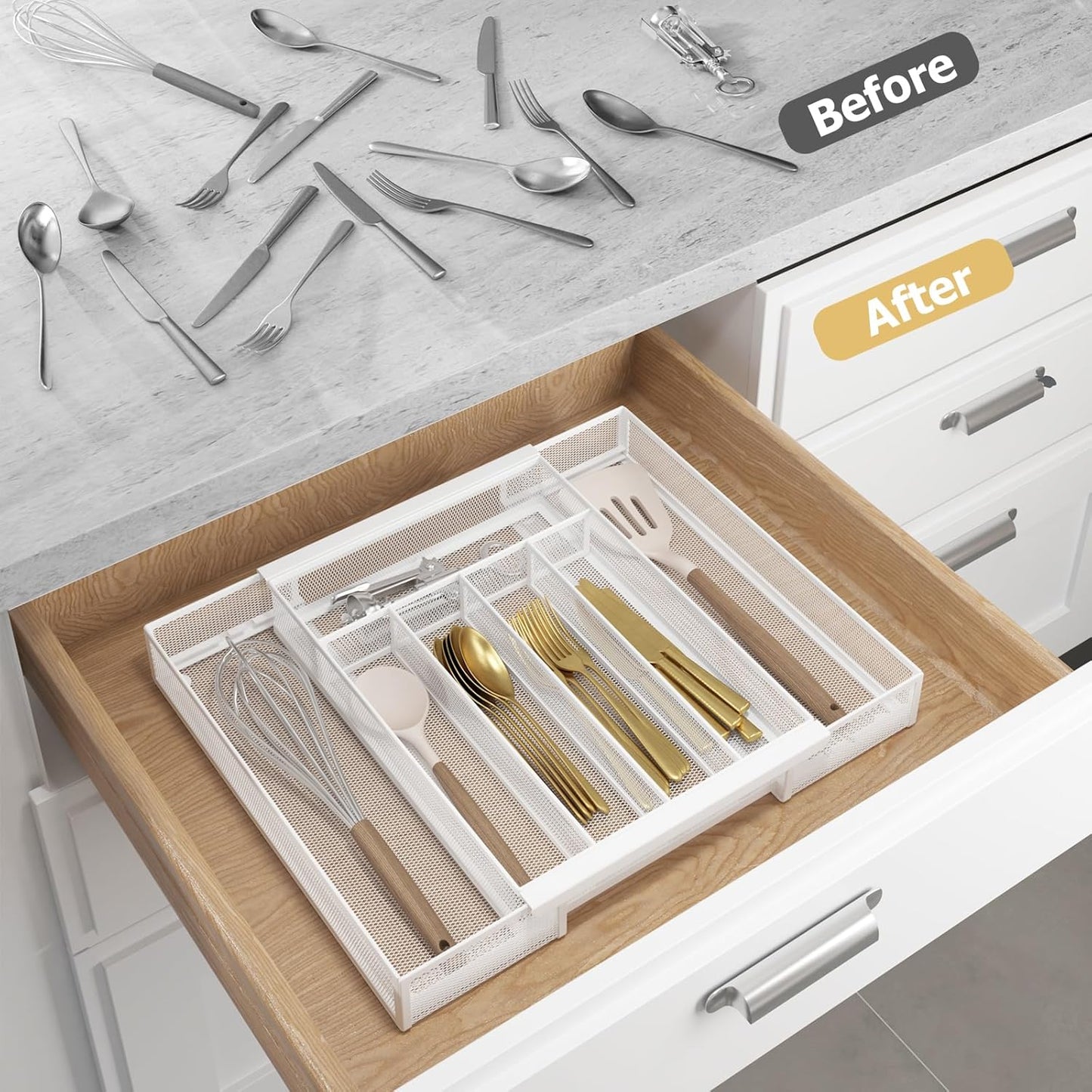 Sedegn Silverware Organizer Metal Mesh, Large Drawer Organizer, Utensil Cutlery Tray for kitchen drawers, Flatware Organizer with 6 Compartment, Black (11.3”*16“)