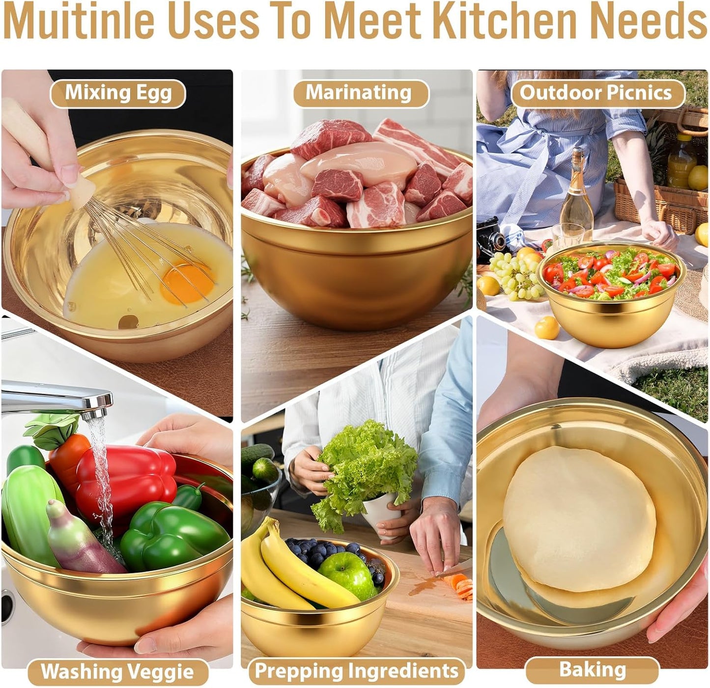 SHENLIU 5 Pcs Gold Mixing Bowls with Airtight Lids, Stainless Steel Mixing Bowl with Colander Metal Nesting Organizers for Kitchen Prepping Serving Food, Non-slip Bottom Size 5.5, 3.6, 2.7, 2.1Qt