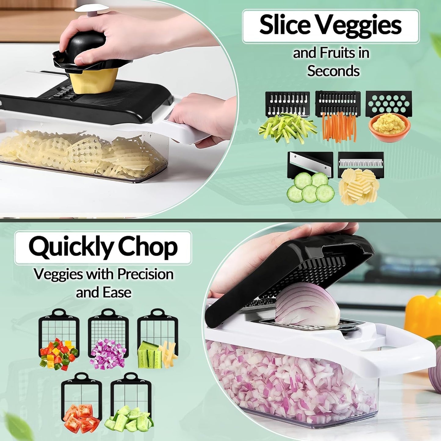 Multifunctional Vegetable Chopper with Container - 12 in-1 Adjustable 8-Blade Fruit & Veggie Chopper with Mandoline Slicer & Dicer | Kitchen Gadgets Food Cutter for Potato, Tomato & Onion (White)