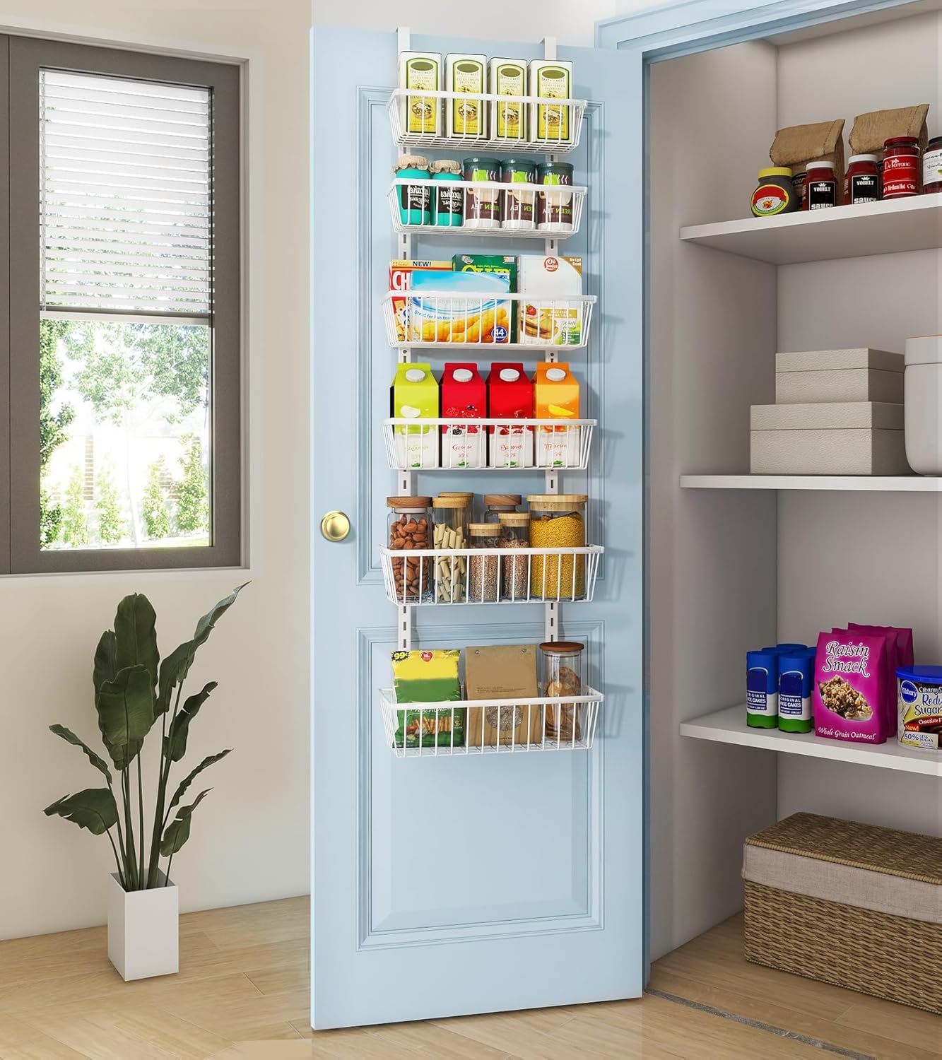 Mefirt White 9-Tier Over The Door Pantry Organizer, Pantry Organization and Storage, Deep Baskets Hanging Heavy-Duty Metal, Wall Spice Rack Seasoning Shelves for Home & Kitchen, Laundry Room Bathroom